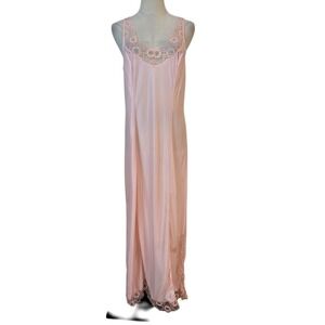 Vtg Pink Lace Nightgown Maxi Slip Dress Floral Nylon Bridal Coquette Boudoir